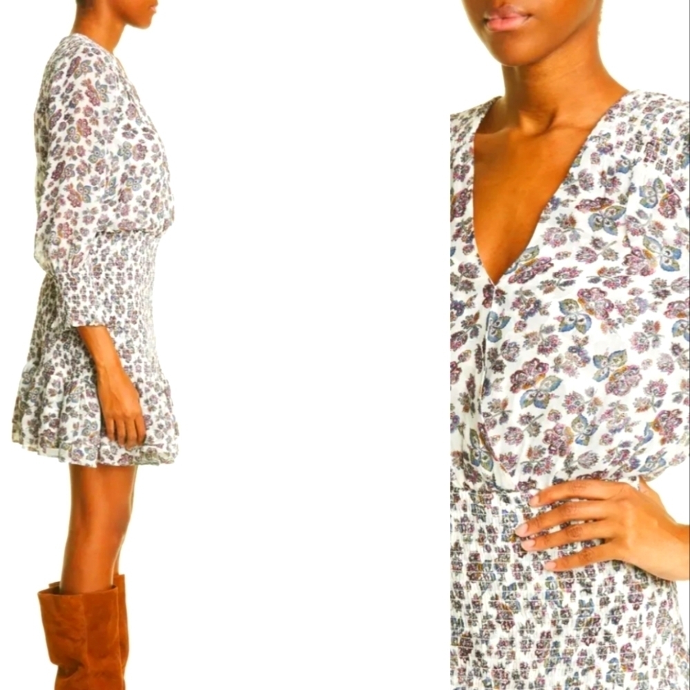 Veronica Beard White Mini Dress with Blue and Brown Floral Print